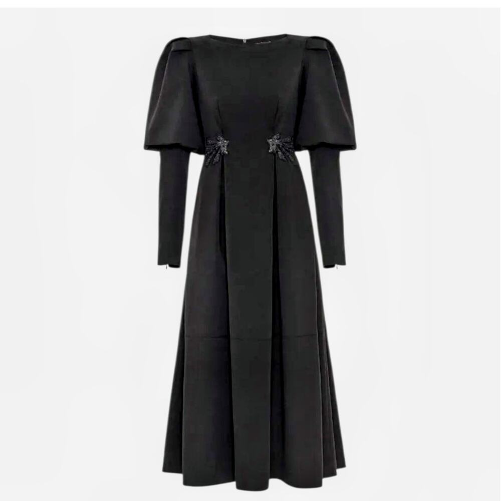 Nocturne Black Convertible Maxi Gown Puff Sleeve Sequin Satin Dress 42 XL